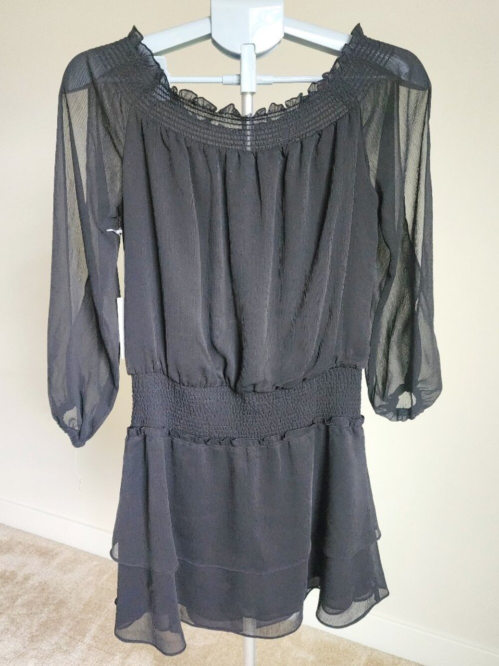 Chelsea28 Dress Black Of-The-Shoulder Long Sheer Sleeves Elastic Waist Sz Small